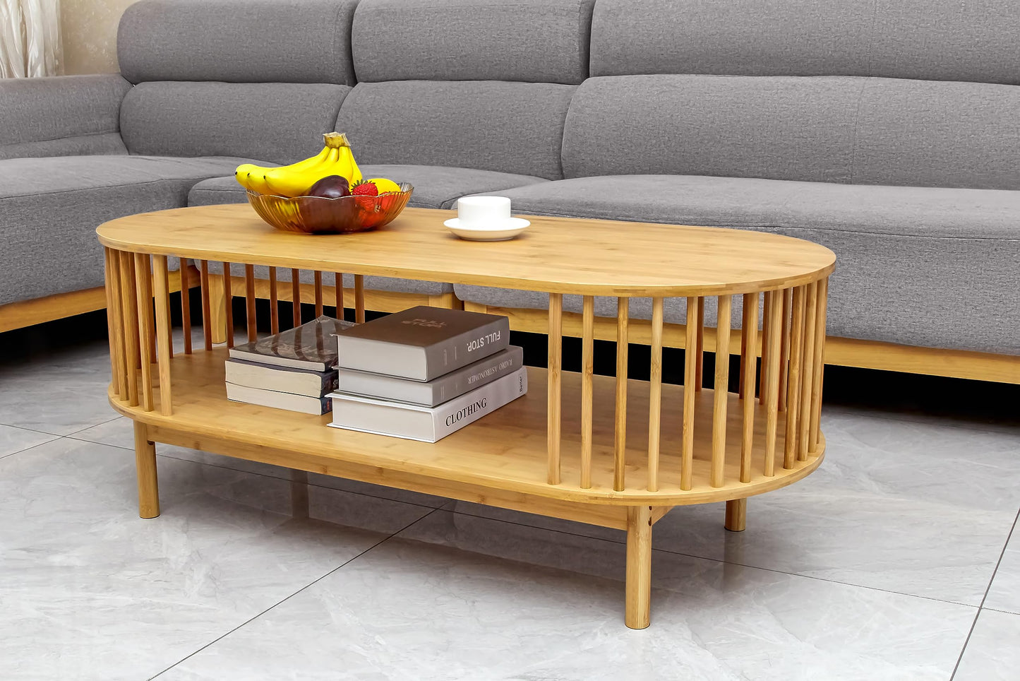 VaeFae Oval Coffee Table, Bamboo Coffee Table for Living Room, 2-Tier Farmhouse Center Table with Storage Shelf