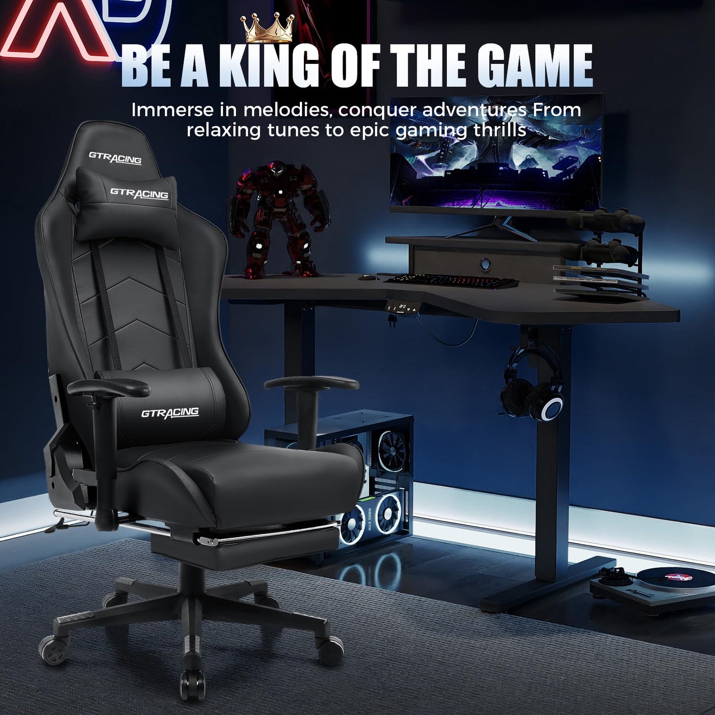 GTRACING Gaming Chair with Footrest, Height-Adjustable 2D Armrests, Racing Style Gamer Chairs for Adults - 160° Reclining Backrest, Computer Game Chair for Office, GT901 (Black)