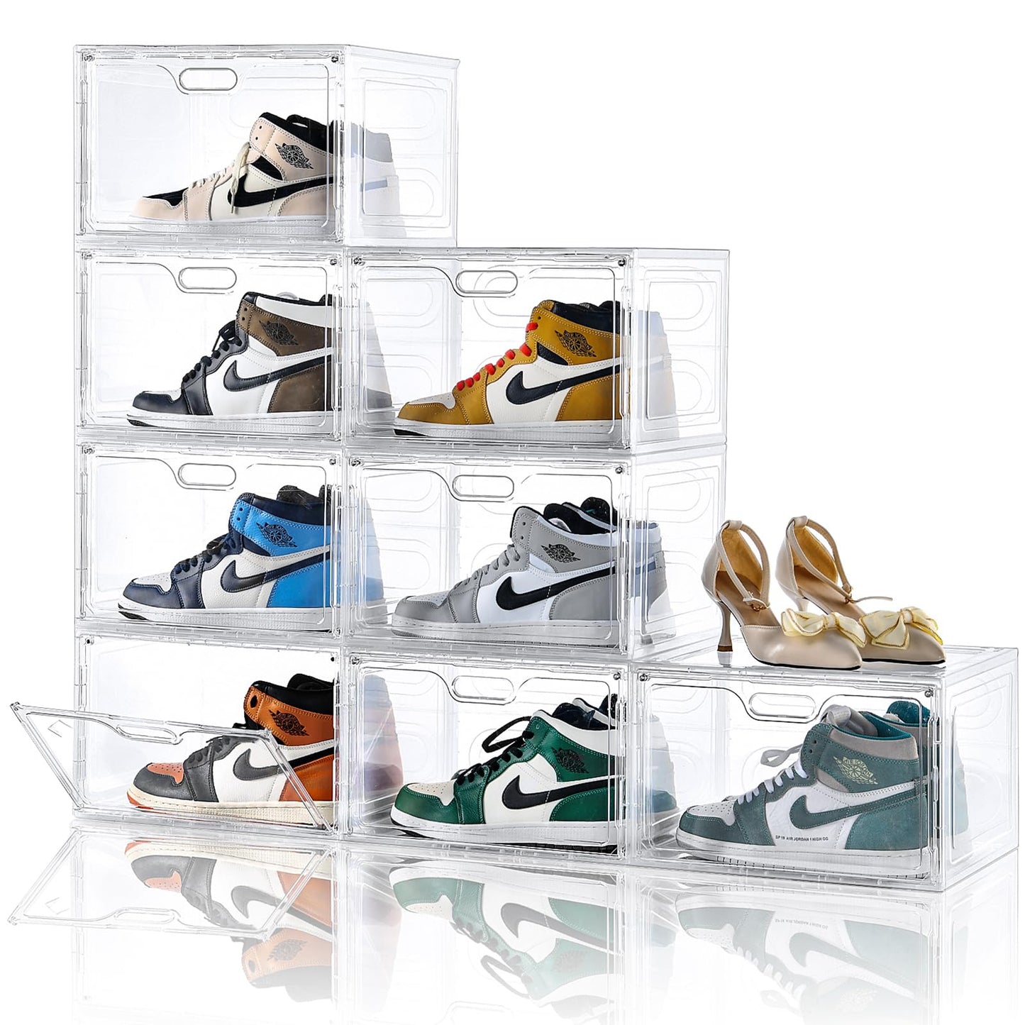 Amllas 8 Pack Shoe Boxes Clear Plastic Stackable, Large Shoe Storage Organizer with Lids,Drop Side Shoe Containers for Entryway,Sneaker Storage Fit up to US Size 13 (13’’x 10.6”x 8.3”)