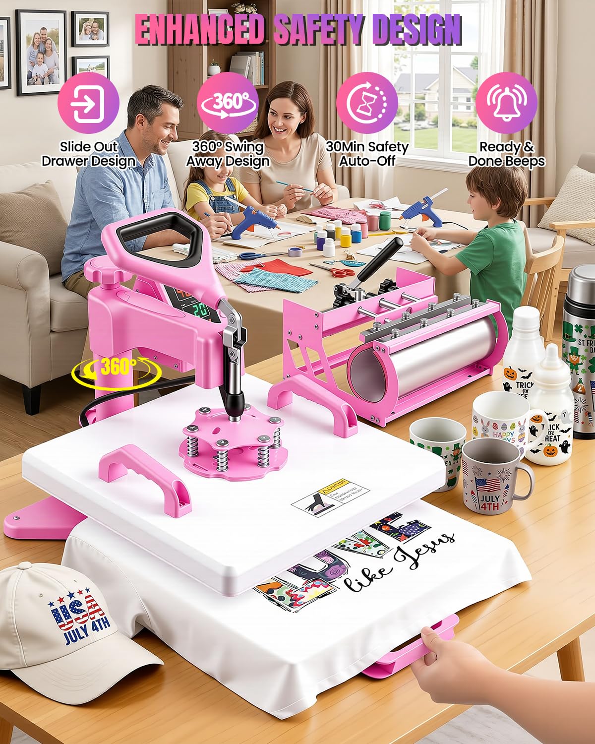 15x15 Heat Press Machine for T Shirts with 30oz Tumbler Press 5-in-1 Slide Out Easy Loading Heat Transfer with Dual-Tube Heating & 4-Zone PID Temp Controller for Quick & Even Heat on Hat Cap Mug Plate