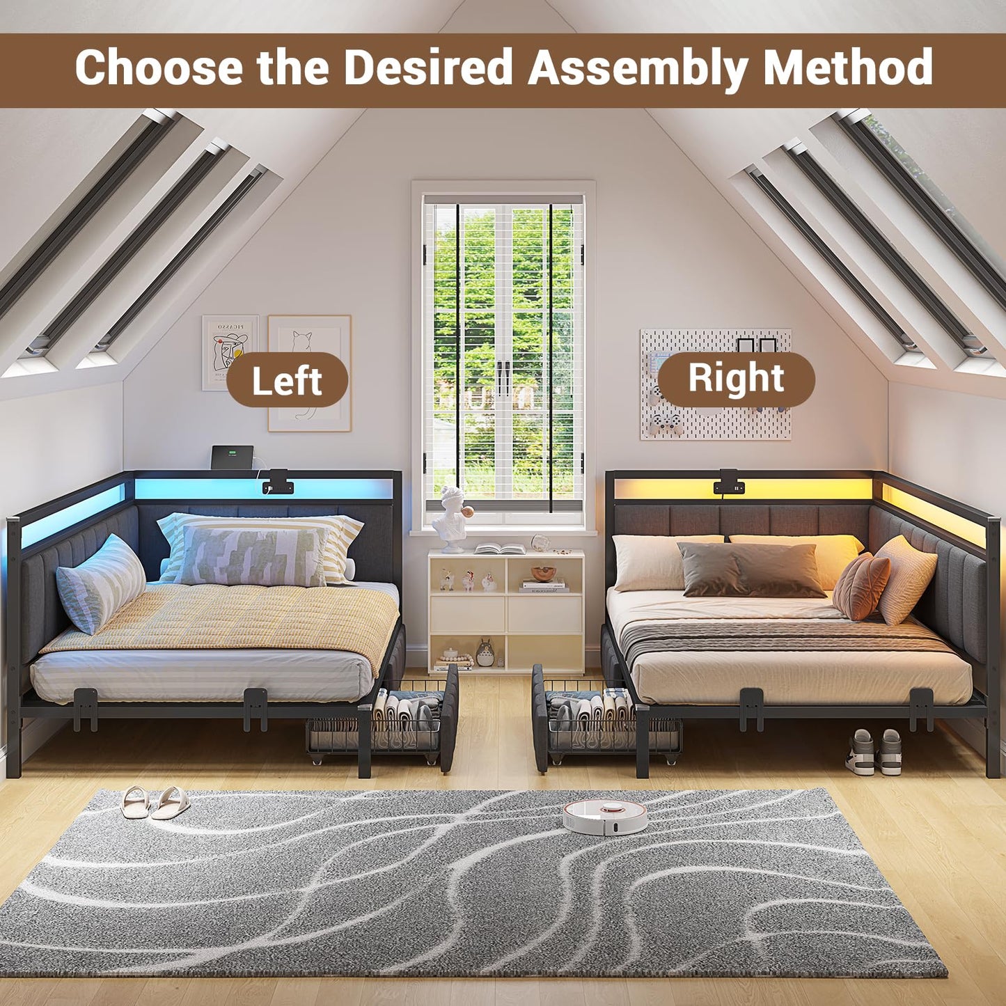 Hasuit Corner Bed Frame with Storage Drawers, Twin XL Daybed with Line Fabric Upholstered Fence, Kids Bed Unit with LED Light and Charging Station, Modern Bed Frame Twin XL Size, Gray
