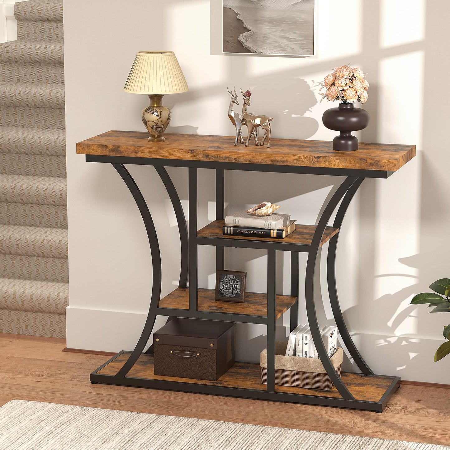 Loftiage 41.3" Industrial 4 - Tier Console Table with Curved Metal Frame, Narrow Long Entryway & Sofa Table with Storage Shelves for Living Room, Accent Hallway Furniture