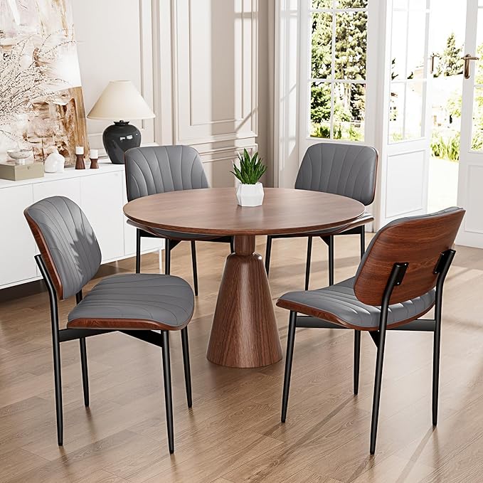 YaFiti Dining Chairs Set of 4, Dining Room and Kitchen Chairs, Mid Century Modern Accent Chair, Upholstered PU Leather Chairs for Vanity with Walnut Bentwood and Metal Legs, Gray