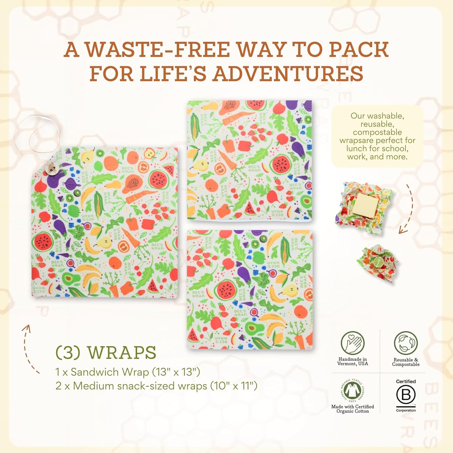 Bee's Wrap Beeswax Wraps for Food - Garden Party 3 Pack (2M 1 Sandwich) Made in USA Reusable & Organic Food Wraps, Sandwich Wrap - Eco-Friendly Alternative to Aluminum Foil & Plastic Wrap