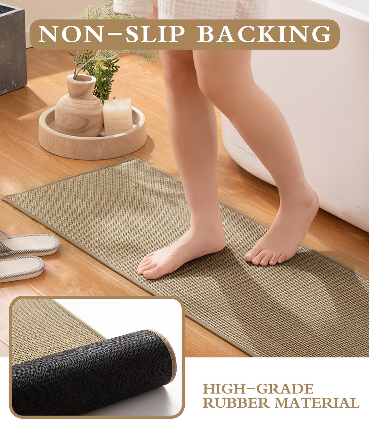 YIHOUSE Bathroom Rugs Sets 2 Pieces, Beige Ultra Thin Bath Mats Fit Under Door, Absorbent Quickly Dry Rubber Backing Braided Bath Mat Set, Non Slip Washable Bath Rugs for Bathroom Floor, Beige