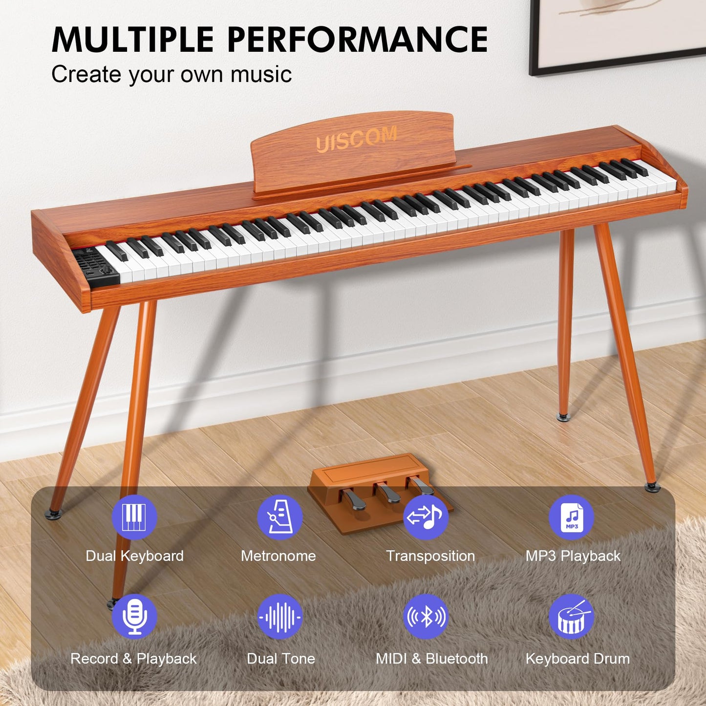 UISCOM Digital Piano Keyboard 88 Key Semi-Weighted for Beginners,Full Size Electric Piano with Stand,Triple Pedal,Adapter,Sheet Music Stand,Headphone,USB-MIDI Compatible,Wood Brown