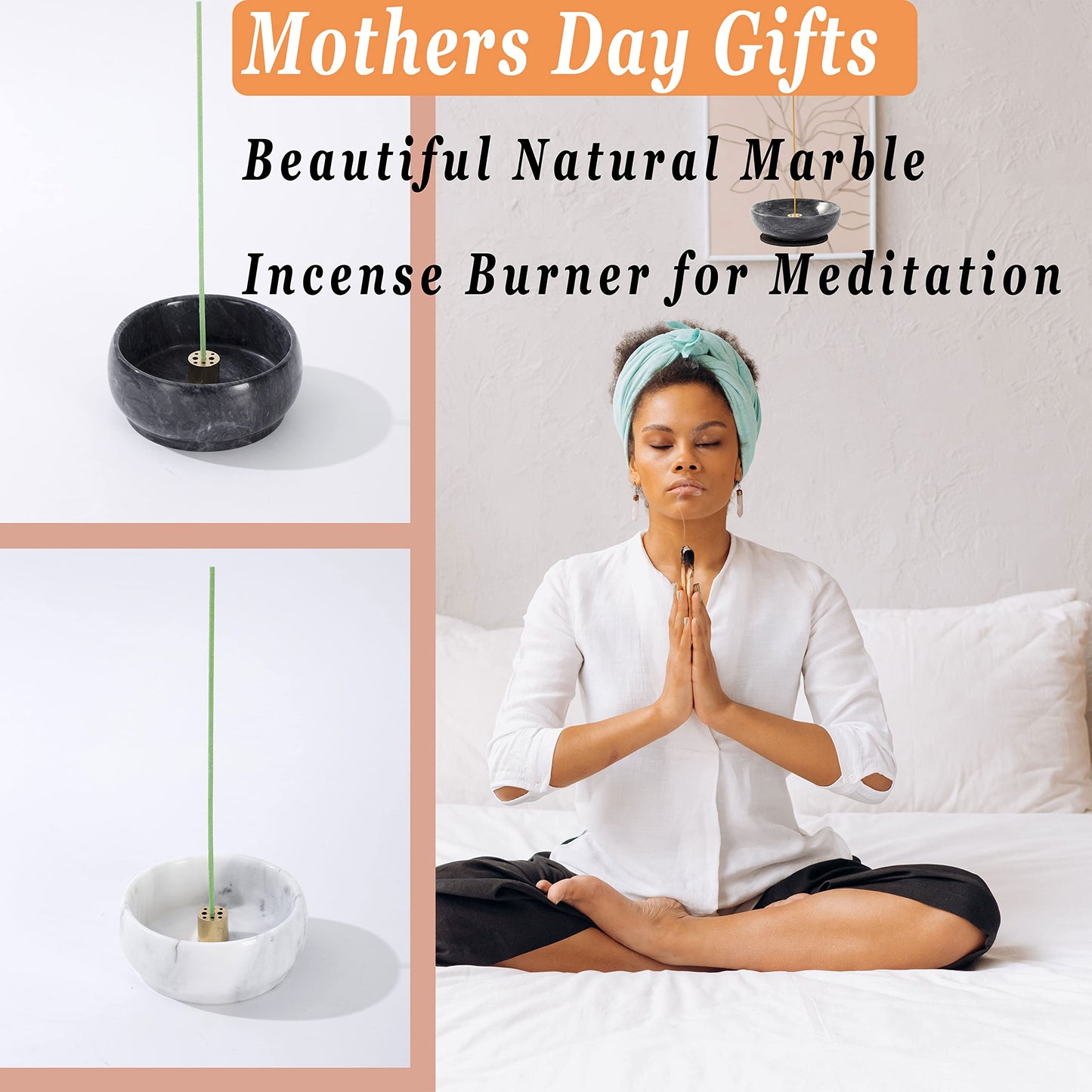 Marble Incense Holder, 9 Hole Burner for Meditation, Natural White & Grey Ash Grabber - Birthday Gift for Mom