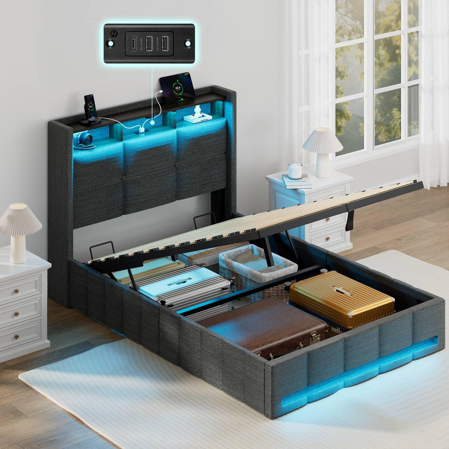 GREENSTELL Lift Up Storage Bed with LED Lights & Charging Station, Modern Wingback Headboard, Hydraulic Support, No Box Spring Needed,Twin,Grey
