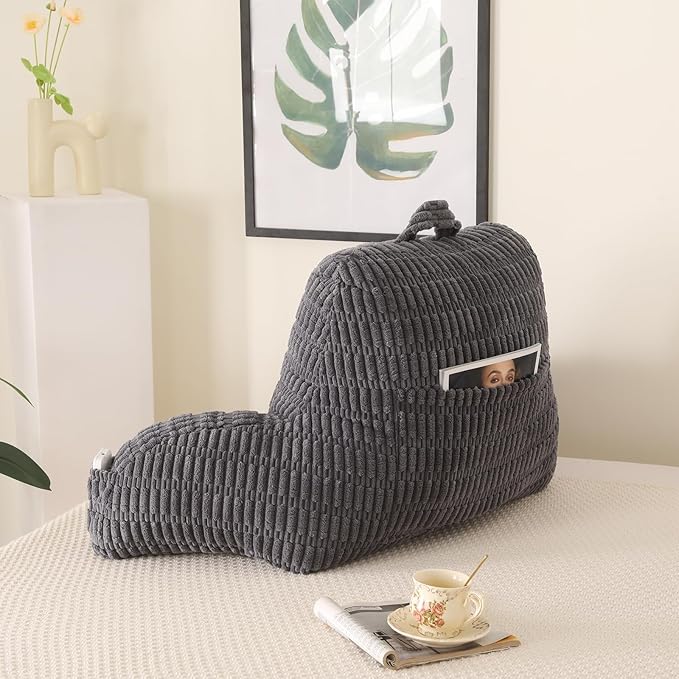 PAJEO Reading Pillow for Sitting in Bed, Large Backrest Reading Pillow with Arm Rest,Back-Rest Support Cushion for Sit Up on Couch, Sofa, and Floor, Dorm Essentials (Grey Corduroy, Standard(17"))