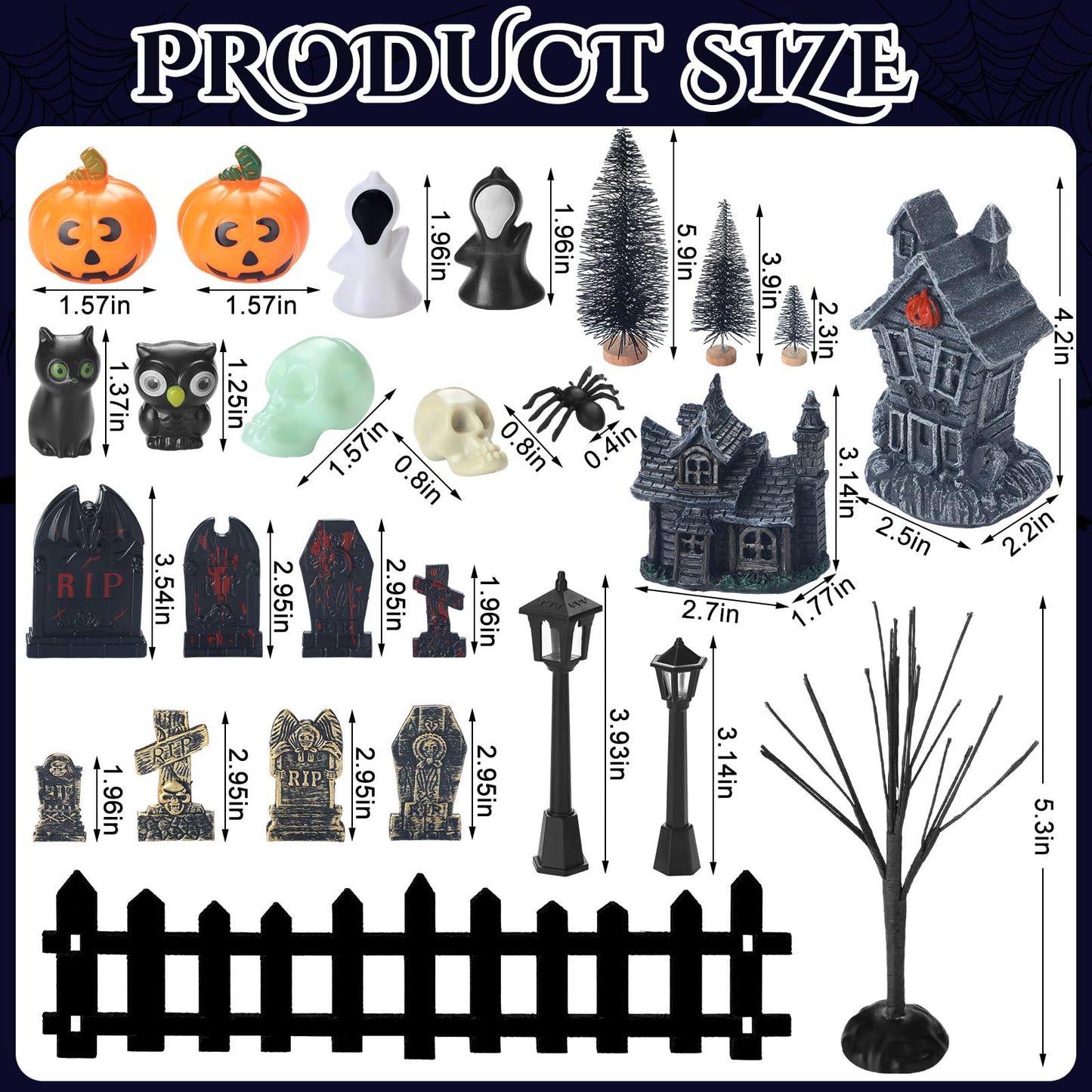Colingmill 56 Pcs Halloween Village Accessories Set Halloween Haunted House Village Set Miniature Tombstones Tree Fake Spiders Fence Streetlamp Figurines for Home Table Party Decor