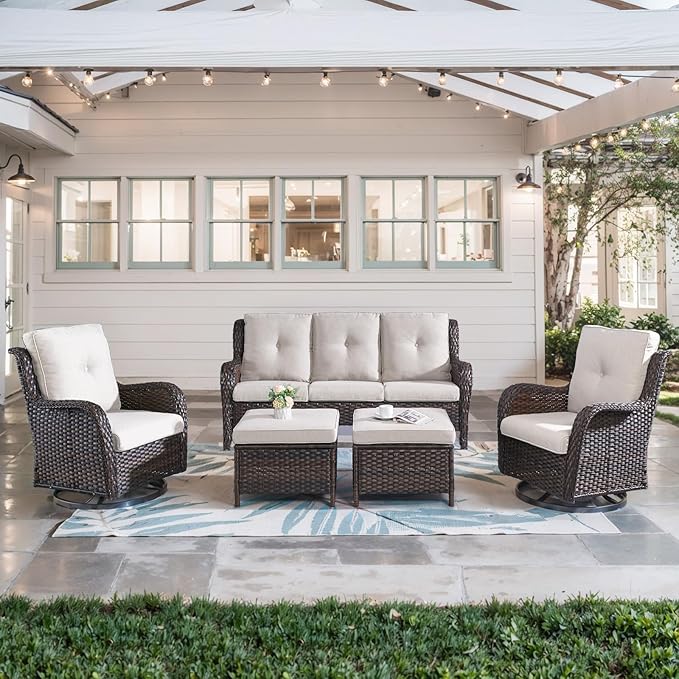 Belord 5 Piece Outdoor Patio Furniture Set - Wicker Furniture Patio Conversation Set, Outdoor Swivel Rocker Chairs with 3-Seater Sofa and 2 Ottomans for Small Space, Brown Wicker