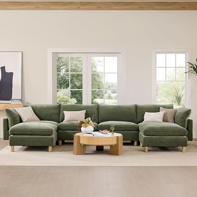 CHITA 127" Super Large Sectional Couches for Living Room, Modular Cloud Couch Sectional Sofa, Premium Fabric Couches, Down Filled, High Density Foam, Chenille in Green, 3 Seater