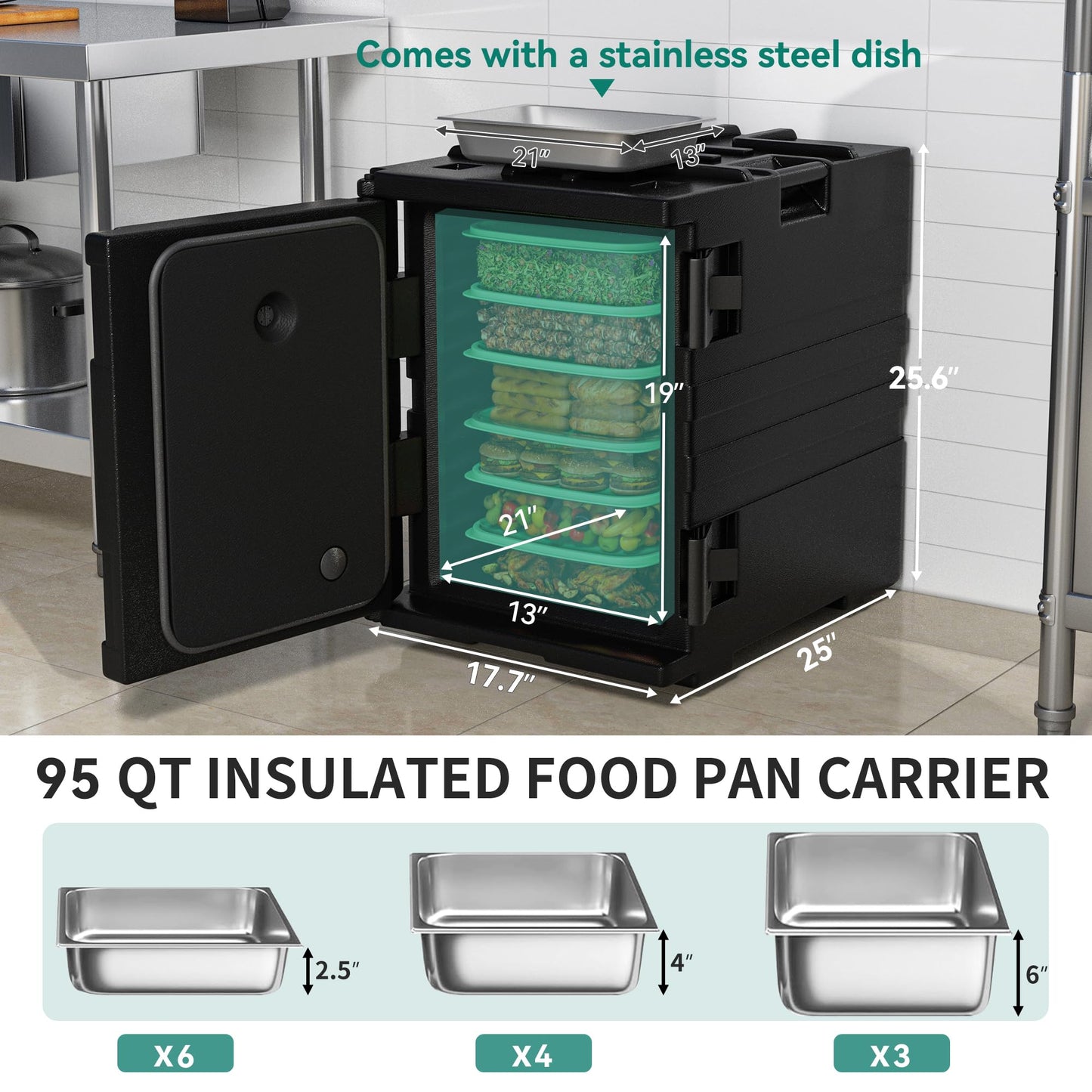 YITAHOME Insulated Food Pan Carrier, 2pcs 95 Qt LLDPE Hot Boxes for Catering w/Stainless Steel Pan, Catering Food Warmer for 6 Full-Size Pans, Stackable Design for Restaurant Family Gathering