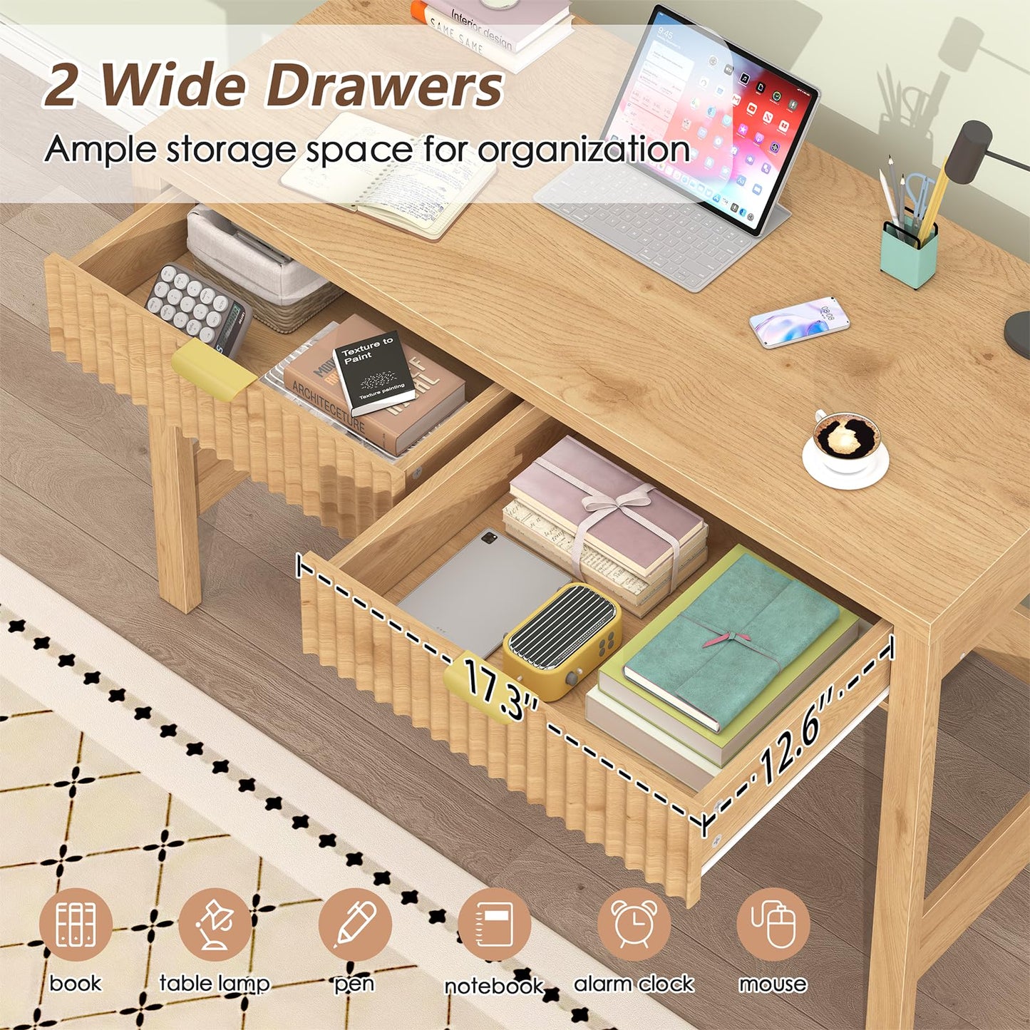 YOMILUVE Fluted Computer Desk with 2 Drawers, 39 Inch Small Computer Desk with Power Outlets, Compact Writing Study Desk for Small Spaces
