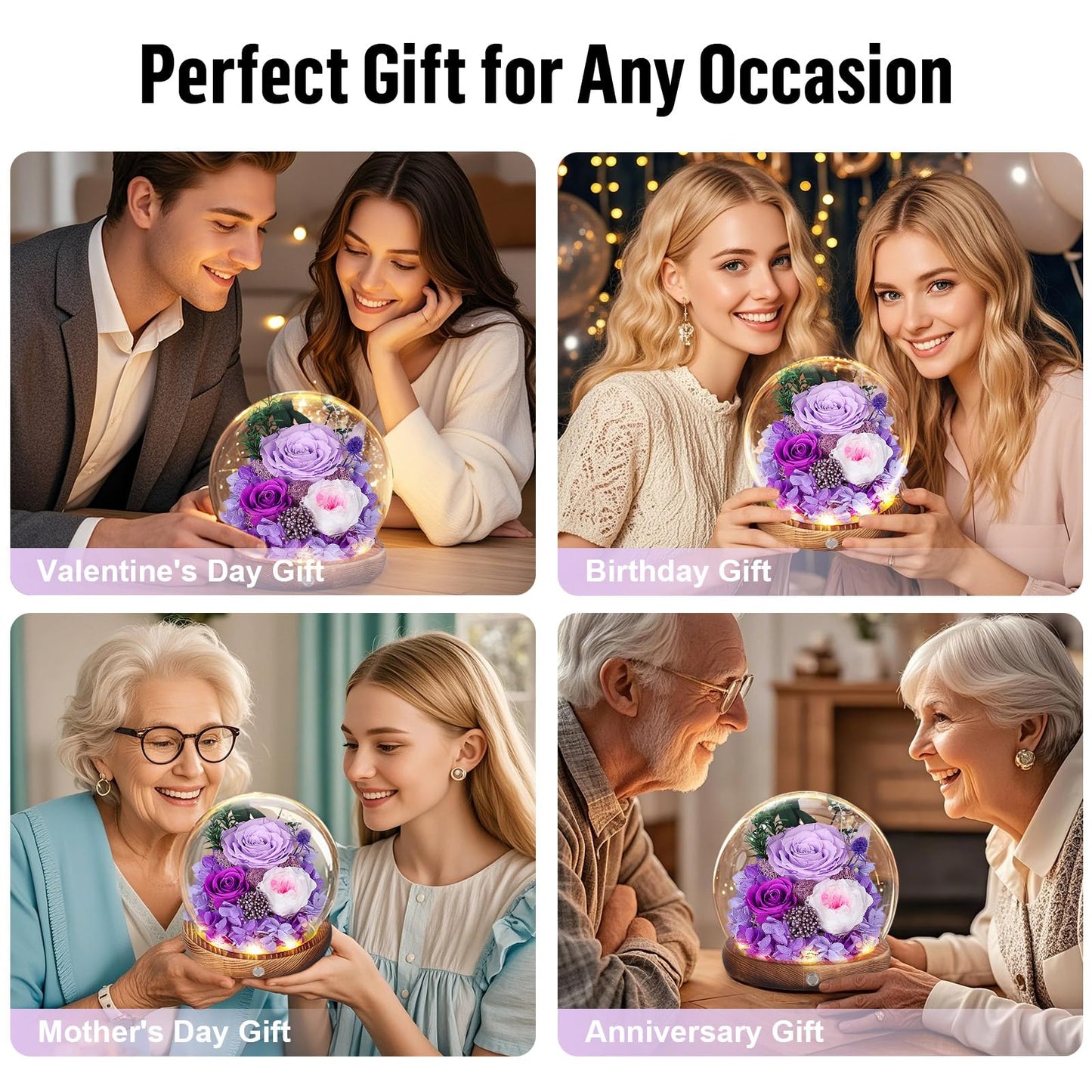 MAMAMIKO Preserved Roses in Glass Dome with LED Light - Long Lasting Real Roses, Forever Flowers for Delivery, Mothers Gifts for Her, Mom, Wife Anniversary Birthday Gifts for Women, Purple