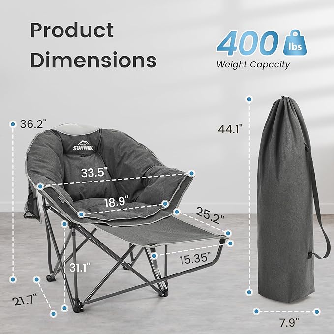 OUTDOOR LIVING SUNTIME Oversized Padded Comfy Camping Chair with Removable Footrest，Weight Capacity 400 LBS, Heavy Duty Moon Round Leisure Folding Chair for Camping, Hiking, Carry Bag, Gray