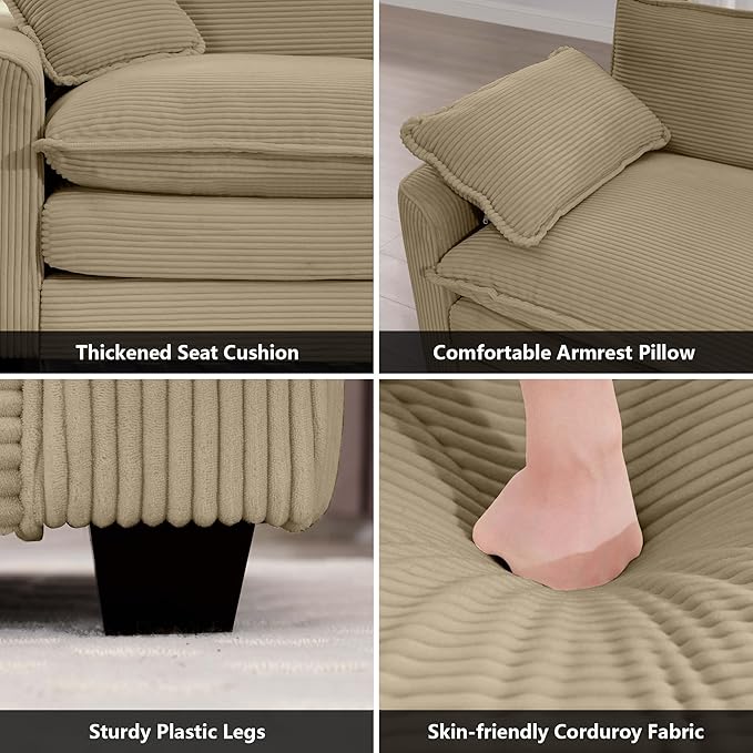 mikibama Luxury 3 Piece Sofa Set, Loveseat Couch & 2 Single Sofa Set, Modern Corduroy Comfy Cloud Couches Set for Living Room Office with 2 Armrest Pillows and 4 Toss Pillows, Camel