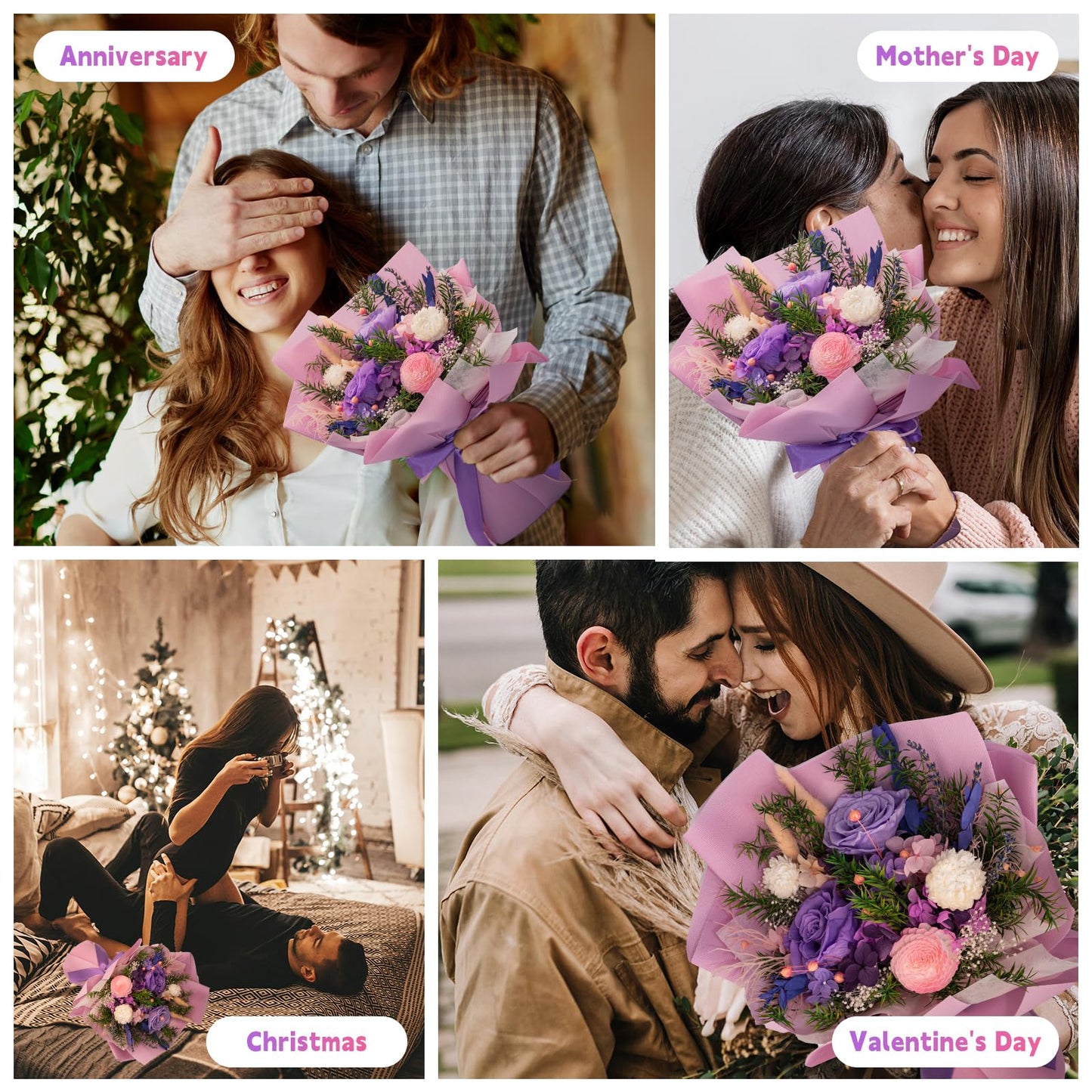 HUACHIPLUS Natural Eternal Flowers Gift: Preserved Flowers Bouquet, Anniversary, Birthday, Mom Gifts for her-Flowers for Delivery Prime-Purple Forever flower arrangement (Lilac)