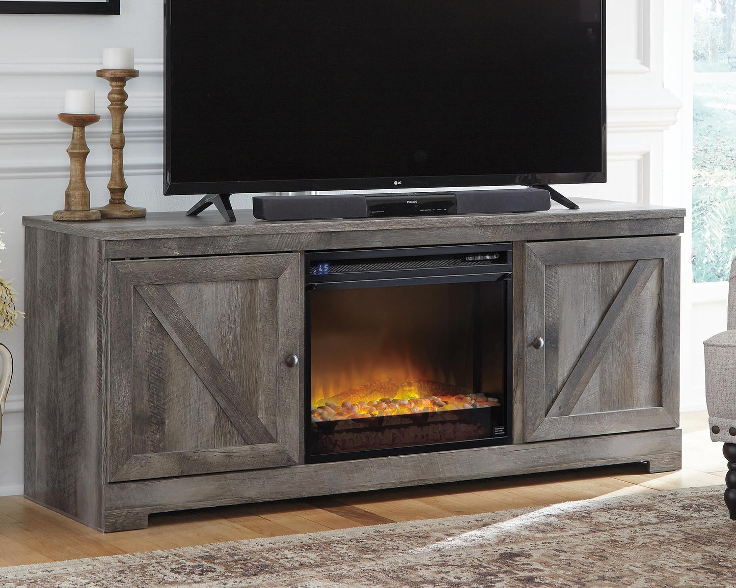 Signature Design by Ashley 24" Electric Fireplace Insert with LED, Heat or No Heat, Remote Control, 6 Temperature and 5 Brightness Settings, Faux Glass Crystals or Stones, Heats Mid-Size Room, Black