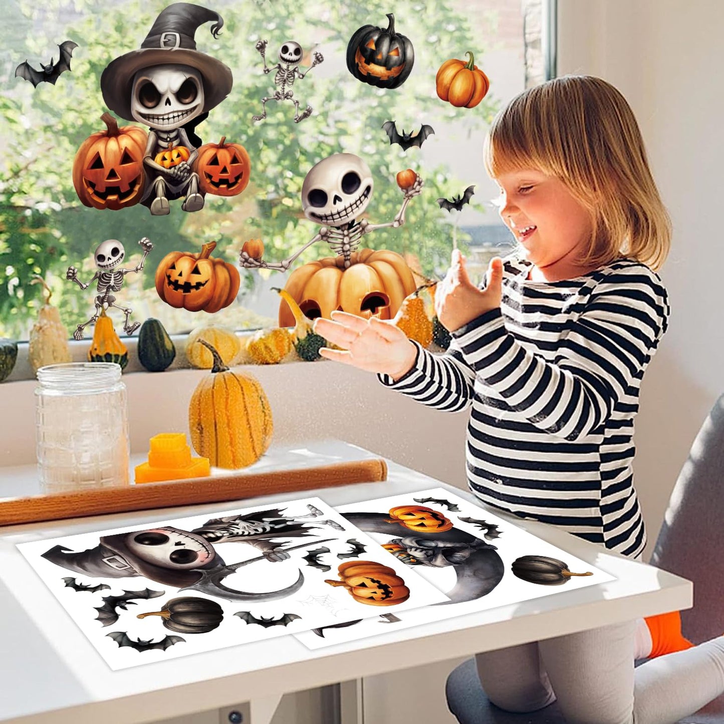 CCINEE 8 Sheet Spooky Skeleton Halloween Window Clings Sticker, Double Sided Skeleton Bat Pumpkin Gel Window Clings for Halloween Party Glass Decals Indoor Mirror Wall Decoration