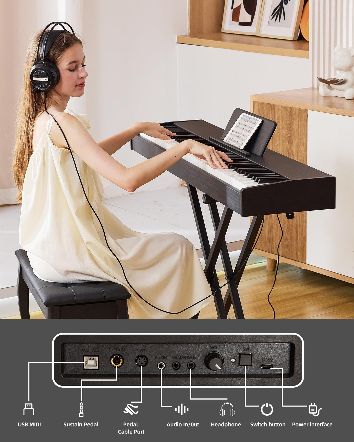 Melentro Digital Piano 88 key Semi Weighted Keyboard With X Stand & Sustain Pedal, Full-Size Beginner Electric Piano For Bluetooth, Headphone Mode, USB-MIDI