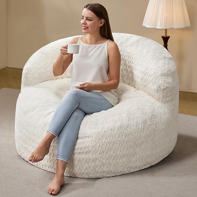Hobestluk Bean Bag Chair Giant Bean Bag Chairs for Adults Big Bean Bag Chair with Memory Foam Filler Adults Large Beanbag with Faux Fur Cover for Bedroom (Chevron White,Oversize)