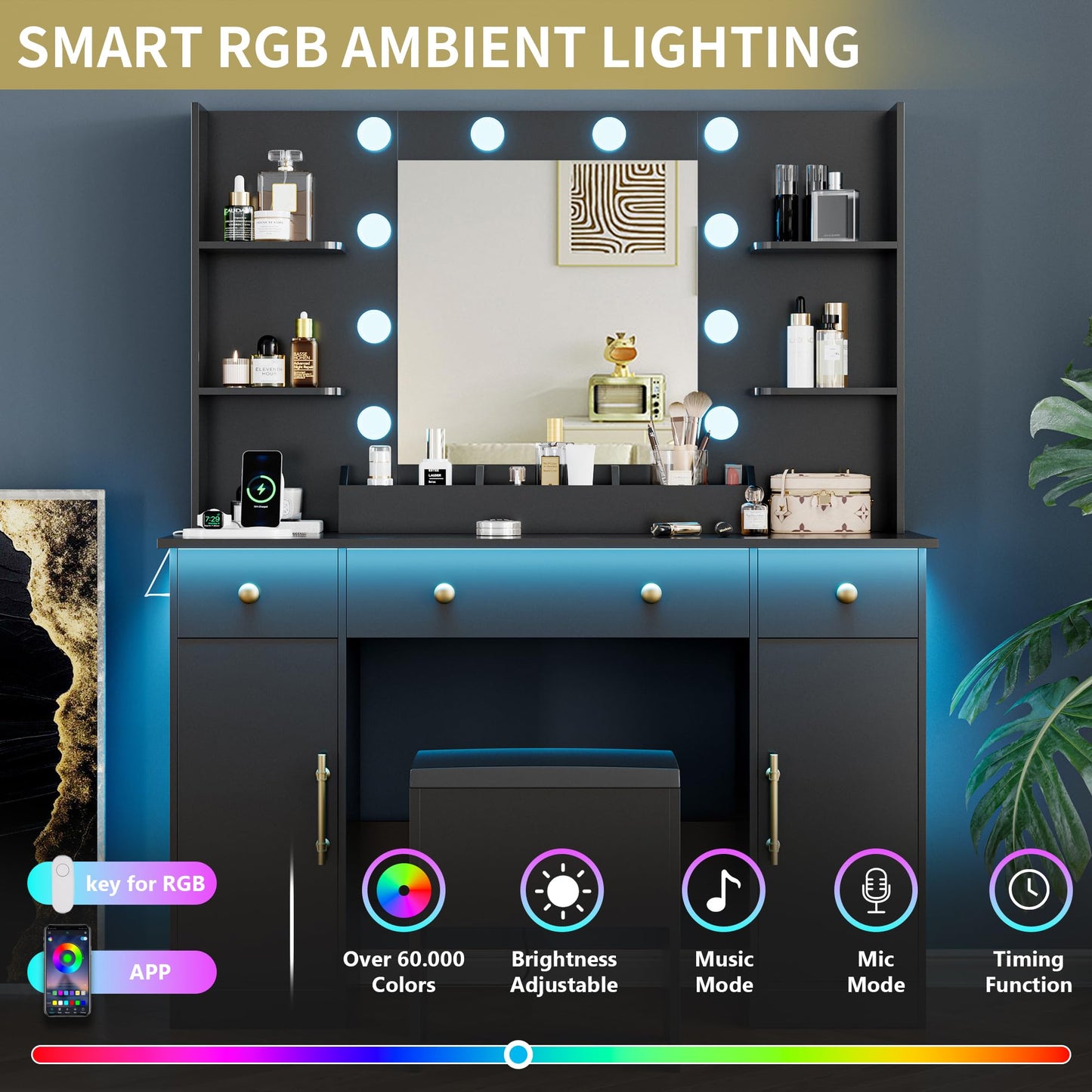 Vanity Desk with Mirror and Lights, Makeup Dressing Table Set with Storage Drawers & Stool, Power Outlet, 3 Lighting Modes Adjustable Brightness & RGB Ambient Light for Women Girls Bedroom, Black