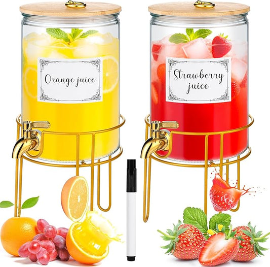 1 Gallon Drink Dispenser,2 Pack Glass Beverage Dispenser With Stand,Juice Containers with Lid for Party,Drink Dispensers f...