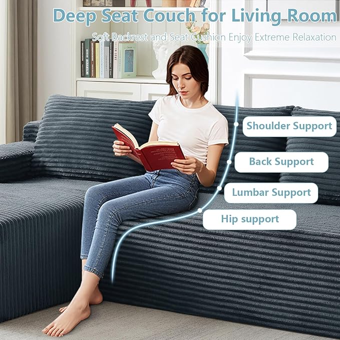 96" Cloud Sectional Couch with L-Shape Chaise, Modern Corduroy Boneless Couch for Living Room,Memory Foam Sofa with Deep Seat,No Assembly Required (Dark Gray,Left-Facing Chaise)