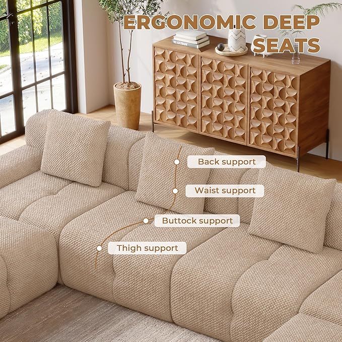 135" Modern L Shaped Modular Sectional Sofa, 6 Seater Convertible Chenille Cloud Couch Sofa Set, Boneless Couches for Living Room with Ottoman, No Assembly Required, Brown
