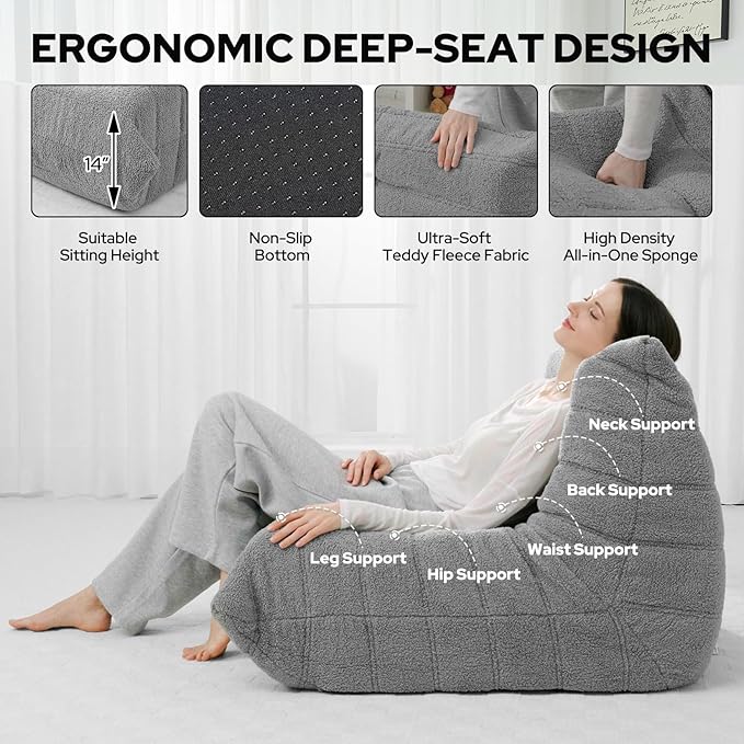 HABUTWAY Bean Bag Chairs Fireside Lazy Floor Sofa, Soft Teddy Fleece Bean Bag Sofa with High-Resilience Foam Filling，Beanbag for Living Room, Bedroom, Office(Light Gray Teddy)