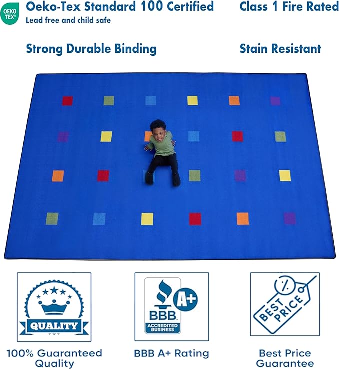 KIDCARPET.COM Seating Squares Multi on Blue 24 6' x 8'6" Rectangle, Educational Classroom Rug, Kids Learning Play Mat | Area Rug for Bedroom or Playroom