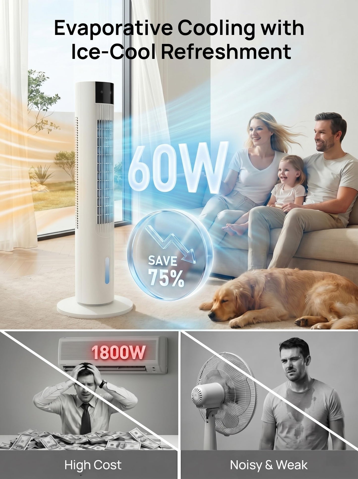 Evaporative Air Cooler, 35" Swamp Cooler, 3-In-1 Cooling Fans that Blows Cold Air, 3 Speeds, 4 Ice Packs, 12H Timer, 80° Oscillation, Remote, Portable Air Conditioners for Room, Bedroom