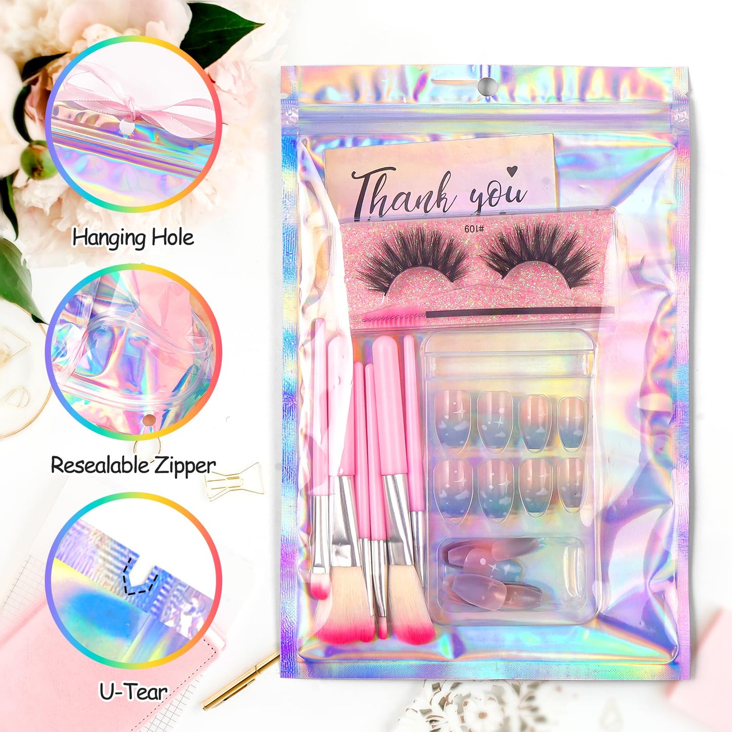 Funfery 6.3x9.4in Smell Proof Holographic Resealable Bags,Mylar Foil Bags with Zipper,Iridescent Party Favor Bag for Goodies,Candy,Treat,Clear Packaging Bag for Food Storage,Business Supplies-50pcs