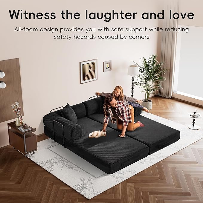ZQRhome 79" 5-in-1 Convertible Sofa Bed, King Size Sleeper with Bonus Pillows & Heavy Duty Frame, No Assembly Corduroy Couch Bed for Movie Night & Guest Room, Black