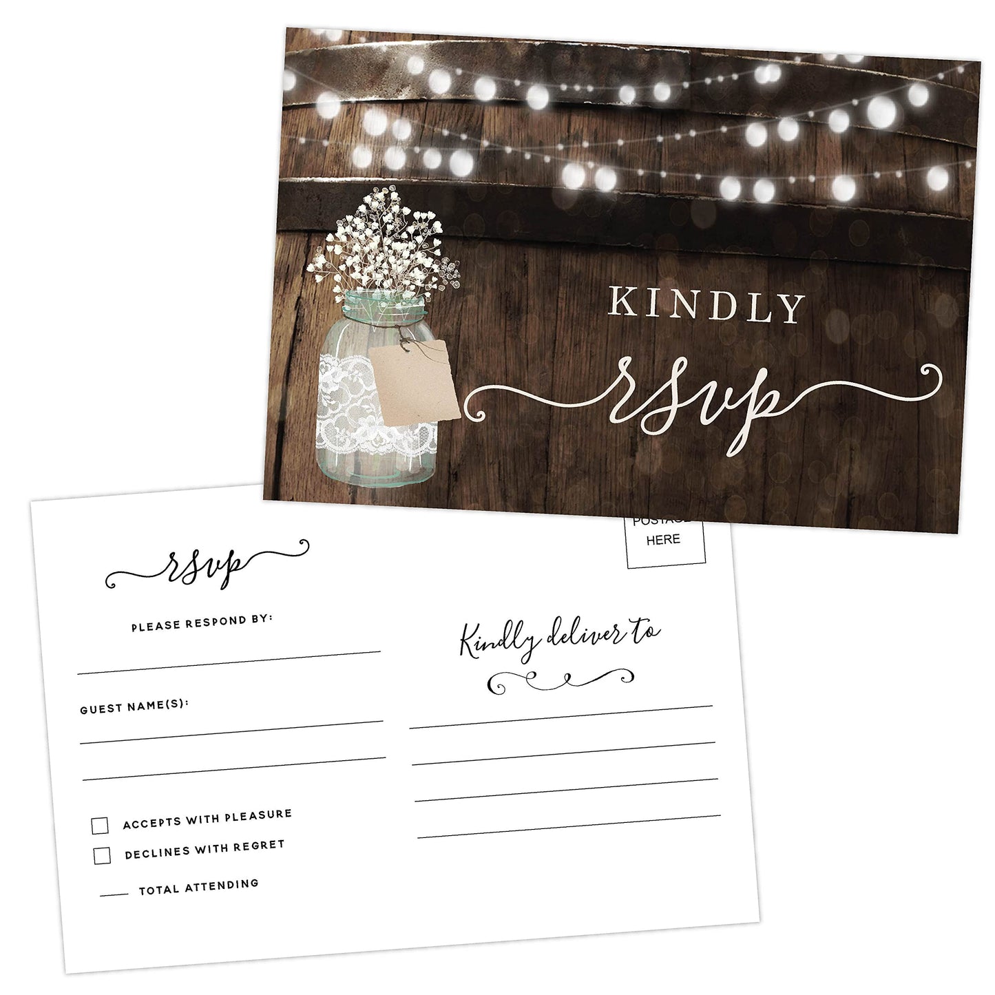 Your Main Event Prints 50 Rustic Mason Jar RSVP Postcards for Wedding, Response Cards, Reply Cards Perfect for Bridal Shower, Rehearsal Dinner, Engagement Party, Baby Shower