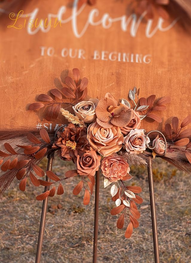 Wedding Arch Flowers, Artificial Floral Decor for Wedding Ceremony & Reception, Standard Size Large Flower Swag Set for Backdrop & Welcome Sign, Pack of 2 (Coffee Pampas)