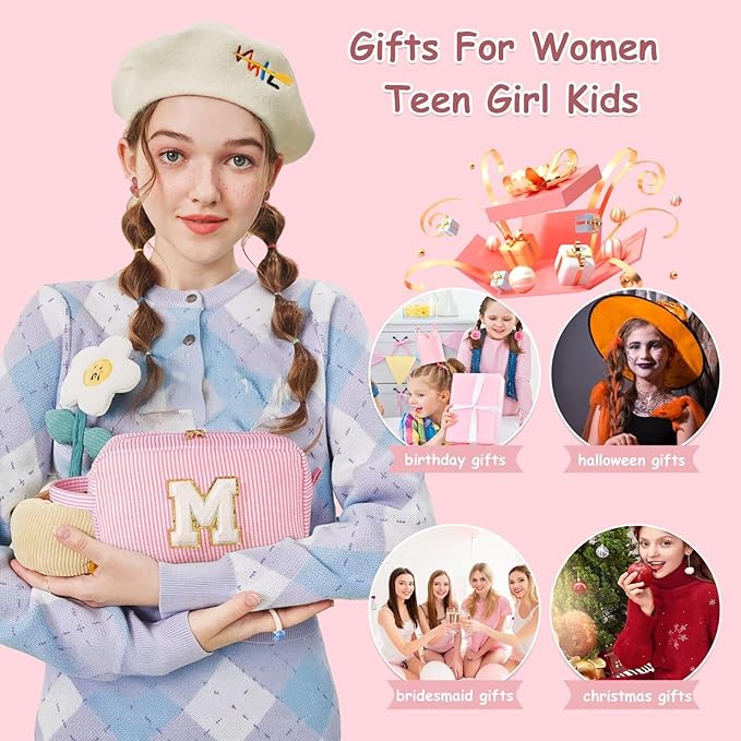 YOOLIFE Initial Makeup Bag for Women -Monogram Cute Pink Makeup Bags Cosmetic Toiletry Pouch Make Up Case for Women Her Best Friend Friendship Sister Teacher, Personalized Birthday Gifts for Women