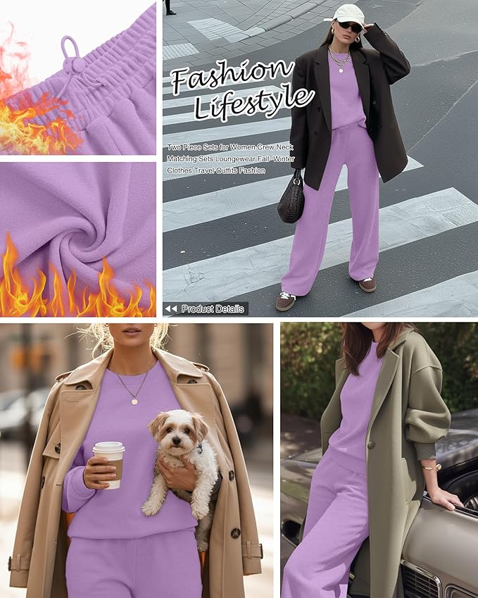 Sweetyweee Women's 2 Piece Outfits Set Fleece Lined Lounge Sweatsuit Crewneck Pullover Top Wide Leg Pants Casual Tracksuit