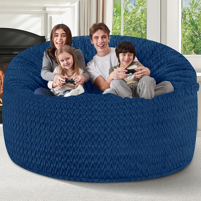6FT Bean Bag Chair,Giant Bean Bag Chairs for Adults,Big Bean Bags with Memory Foam Filled, Large Beanbag Chairs with Chevron Plush Cover-Blue