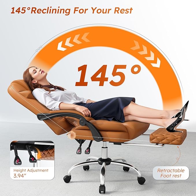 DurayLoly Big and Tall Office Chair 400lbs - Executive Ergonomic Desk Chair with Footrest, High Back Reclining Leather Chair with Lumbar Support for Home Office Brown