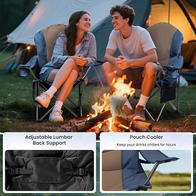 Foristrail 2 Pack Folding Camping Chairs for Adults - High Back Padded Outdoor Lawn Chairs with Lumbar Support & Cup Holder, 400lbs Heavy Duty Portable Camping Chairs Set (Light Blue & Brown, 2 PCS)