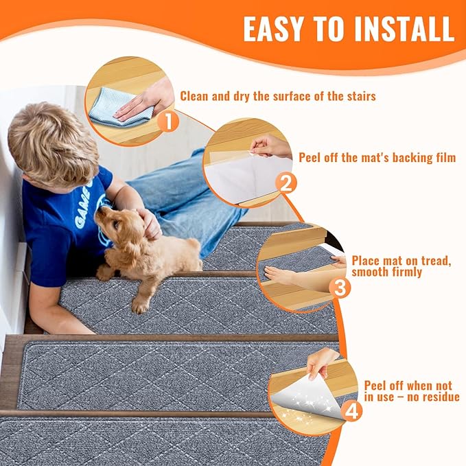 Stair Treads Non-Slip for Wooden Steps, 4Pack - 8" x 30" Edging Stair Runner Indoor for Kids Elders & Pets, Washable Carpet Stair Treads with Peel & Stick Reusable TPE Backing, Grey