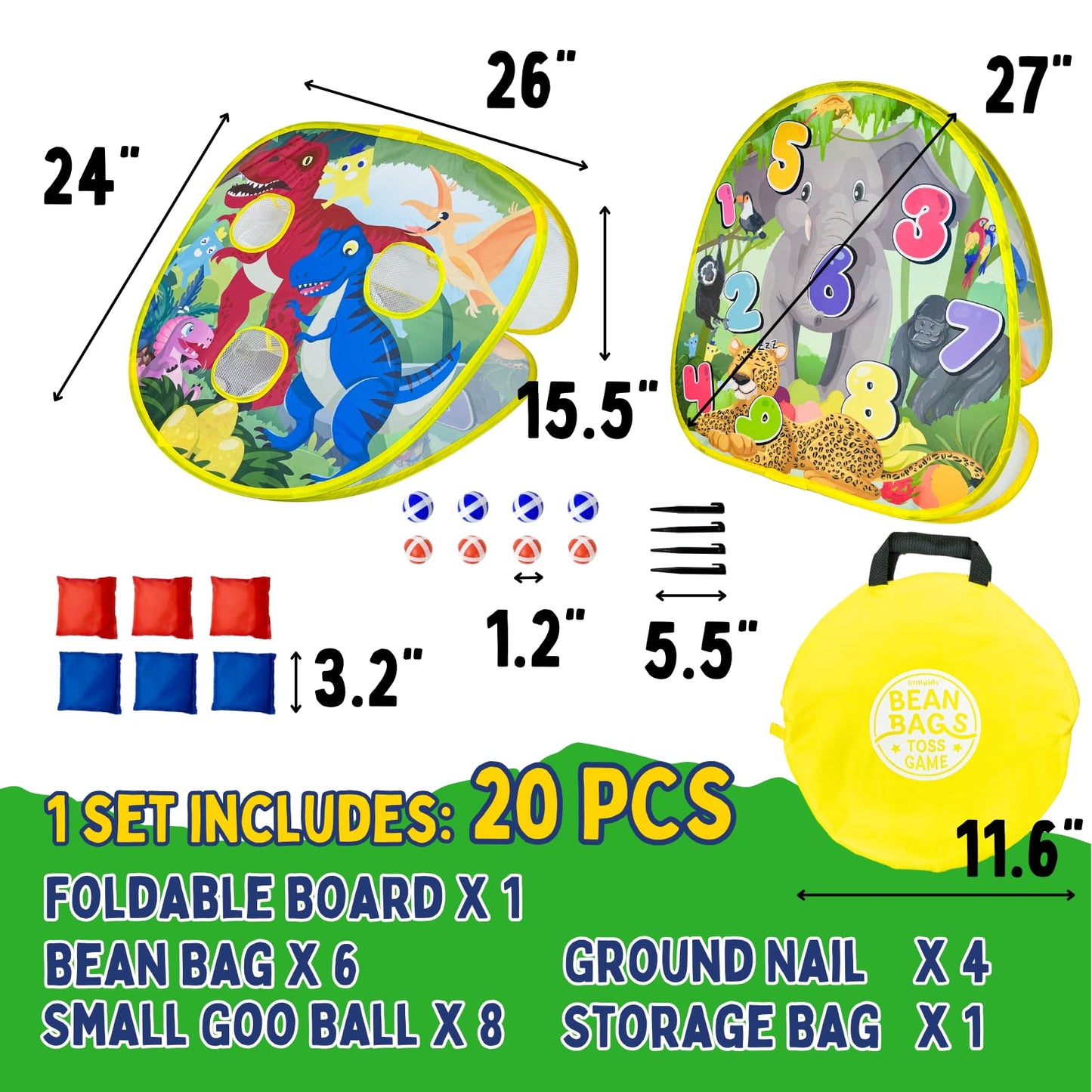 Grip Kids 2-in-1 Dinosaur & Animal Bean Bag Toss Game – Double-Sided 27" Target Board with 6 Bean Bags – Outdoor & Indoor Toy for Toddlers & Kids Ages 3-6 – Birthday Gift - Amazon Exclusive