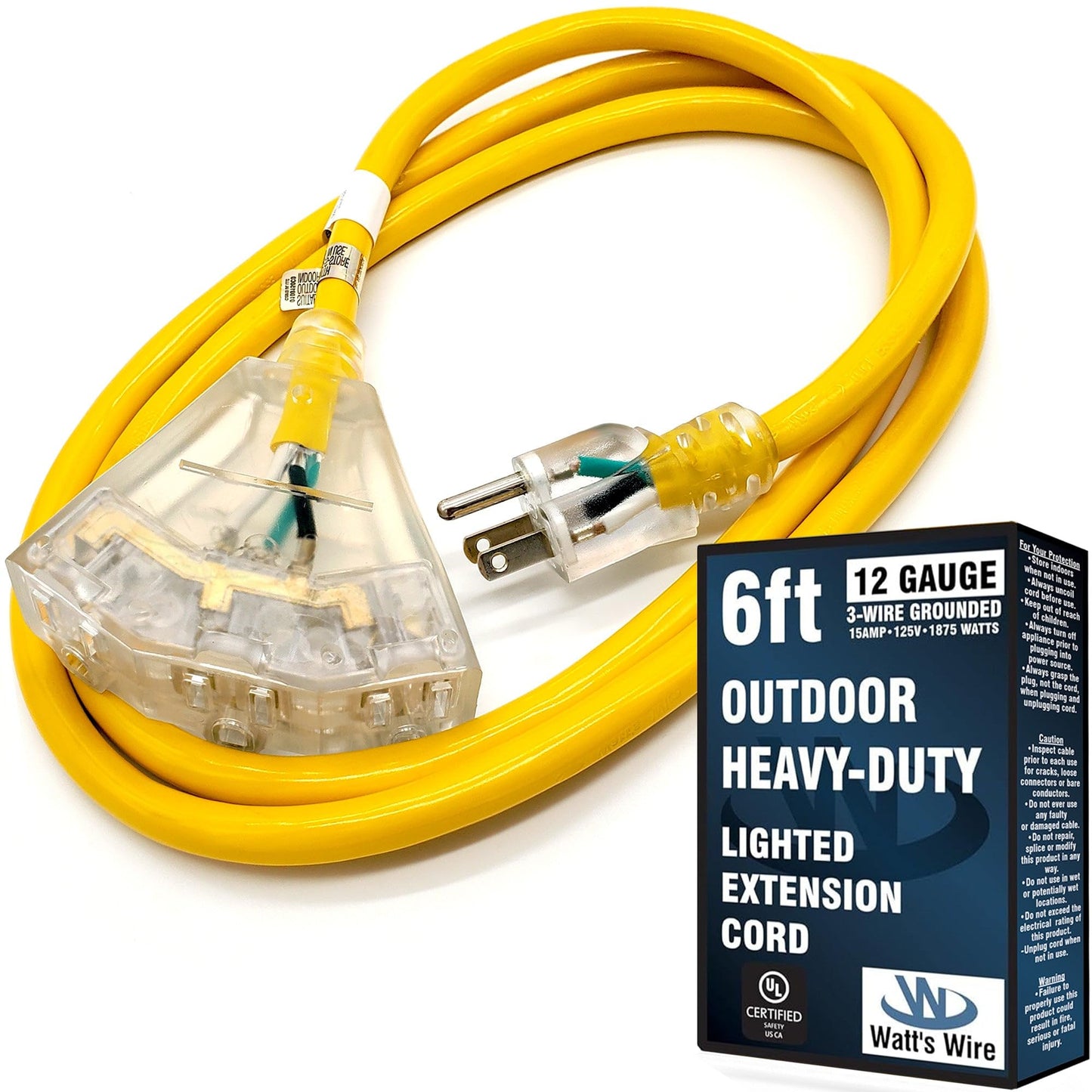 6 Ft Heavy Duty Extension Cord - 12 Gauge Outdoor Extension_Cord - Lighted Mulitiple Outlets By Watts Wire - 6 12-Gauge Ground