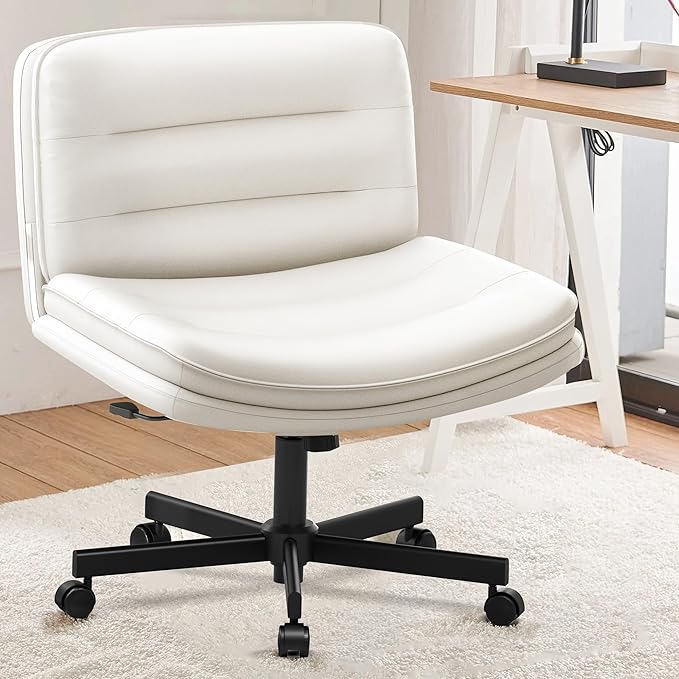 GTRACING Criss Cross Legged Office Chair with Wheels, Extra Wide Armless Comfy Desk Chair for Home Bedroom, 2 Layer Cushion Large Seat & Back Support X-Legged Chair, Beige PU Leather Adjustable Height
