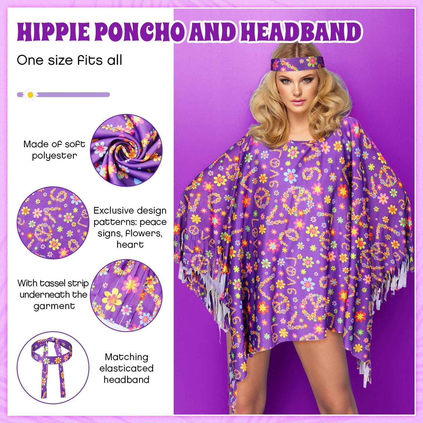Hicarer 6 Pcs Hippie Costume Accessories Set Includes Headband Poncho Necklace Earrings Sunglasses for Women Girls(Romantic Flower)
