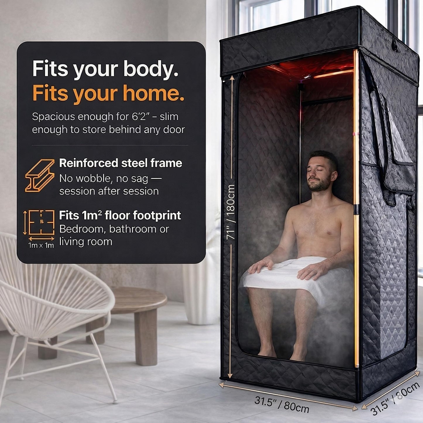 Portable Steam Sauna Box for Home, 1500W Full Body Personal Sauna Tent + Chair, Foldable, XL 71" (Fits 6'2"), 9 Heat Levels, Steam Sauna for Weight Loss, Muscle Recovery, Skin Health & Detox – BioGlow