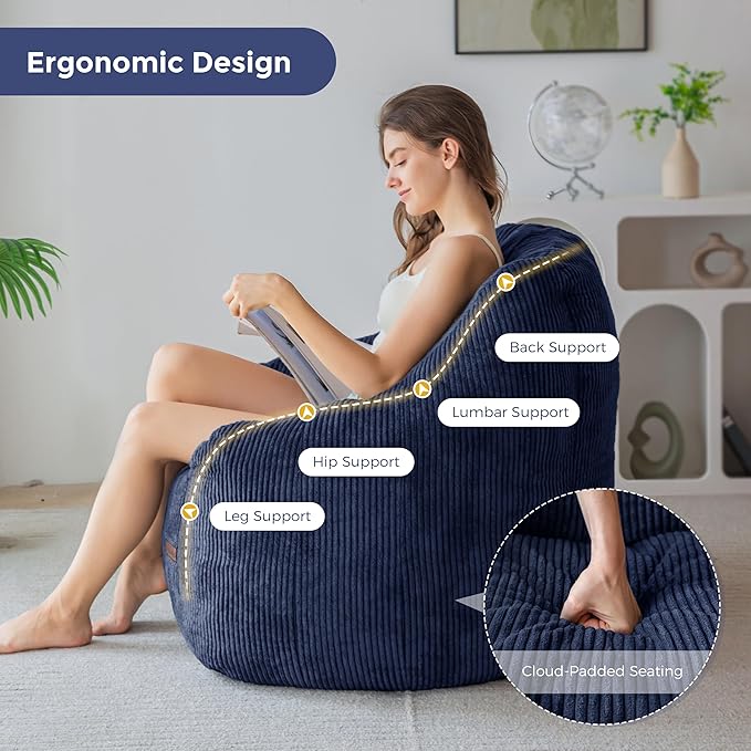 MAXYOYO Bean Bag Chair, Bean Bag Sofa with Filler, Cozy Living Room Chair for Adults and Kids, Stuffed Floor Sofa for Bedroom Dorm Reading, Navy
