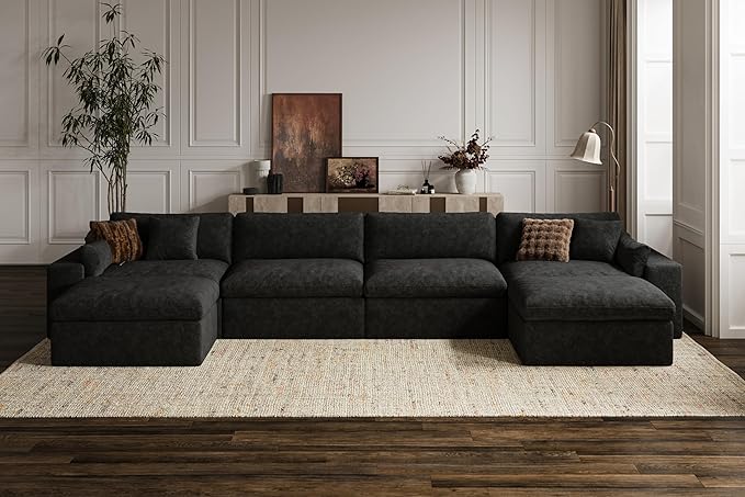 160'' Oversized Boneless Sectional Couches for Living Room, Deepseat Boneless Cloud Modular Sectional Sofa with Ottoman, No Assembly Required L-Shape Cloud Sofa, Plush Fabric, Black